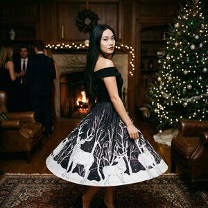 Dressfo Women US 8 Gothic Off Shoulder Deer Print Dress Whimsygoth Winter Luxury